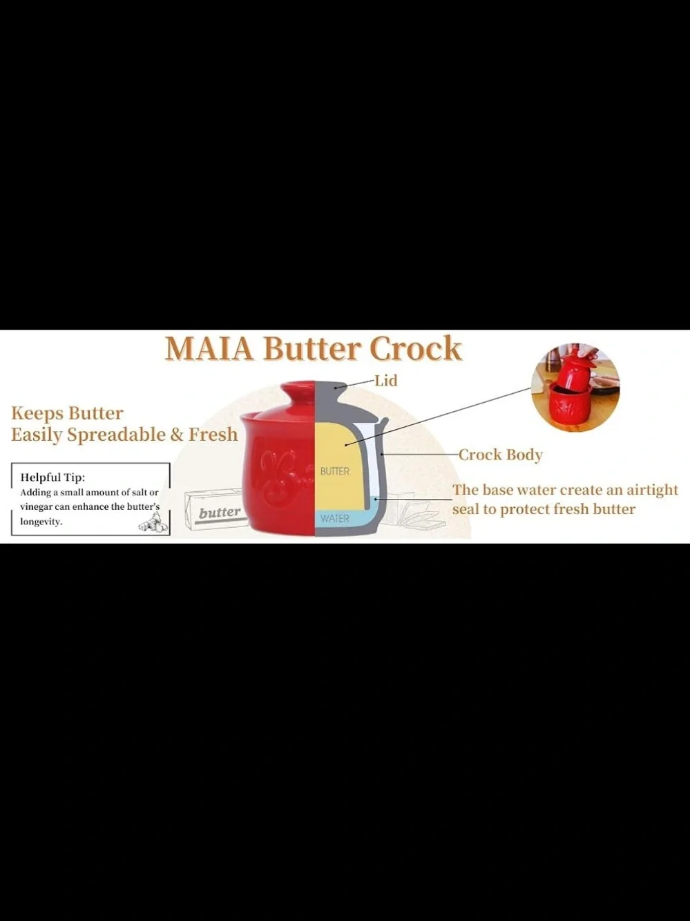 French Butter Crock Style Ceramic • Traditional Water-Seal Butter Keeper
